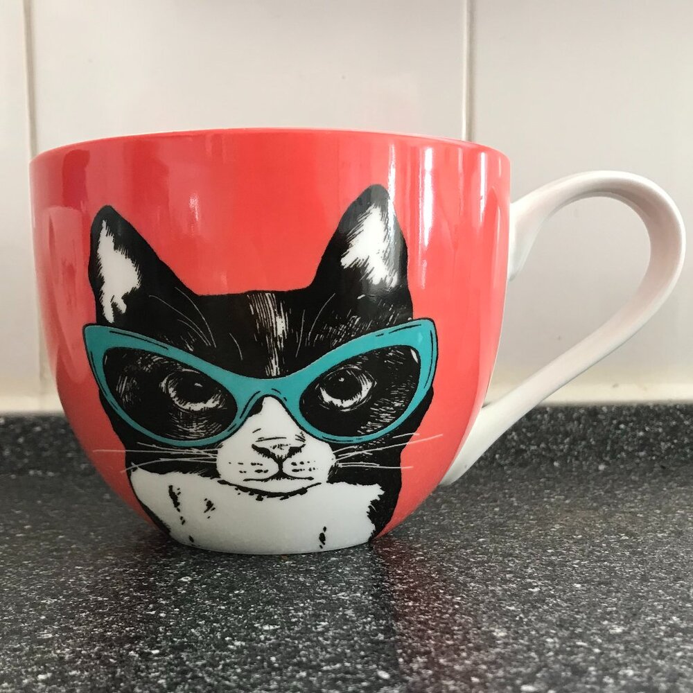 Portobello by Design Black Cat With Glasses Coffee Mug Bone China England 16 oz